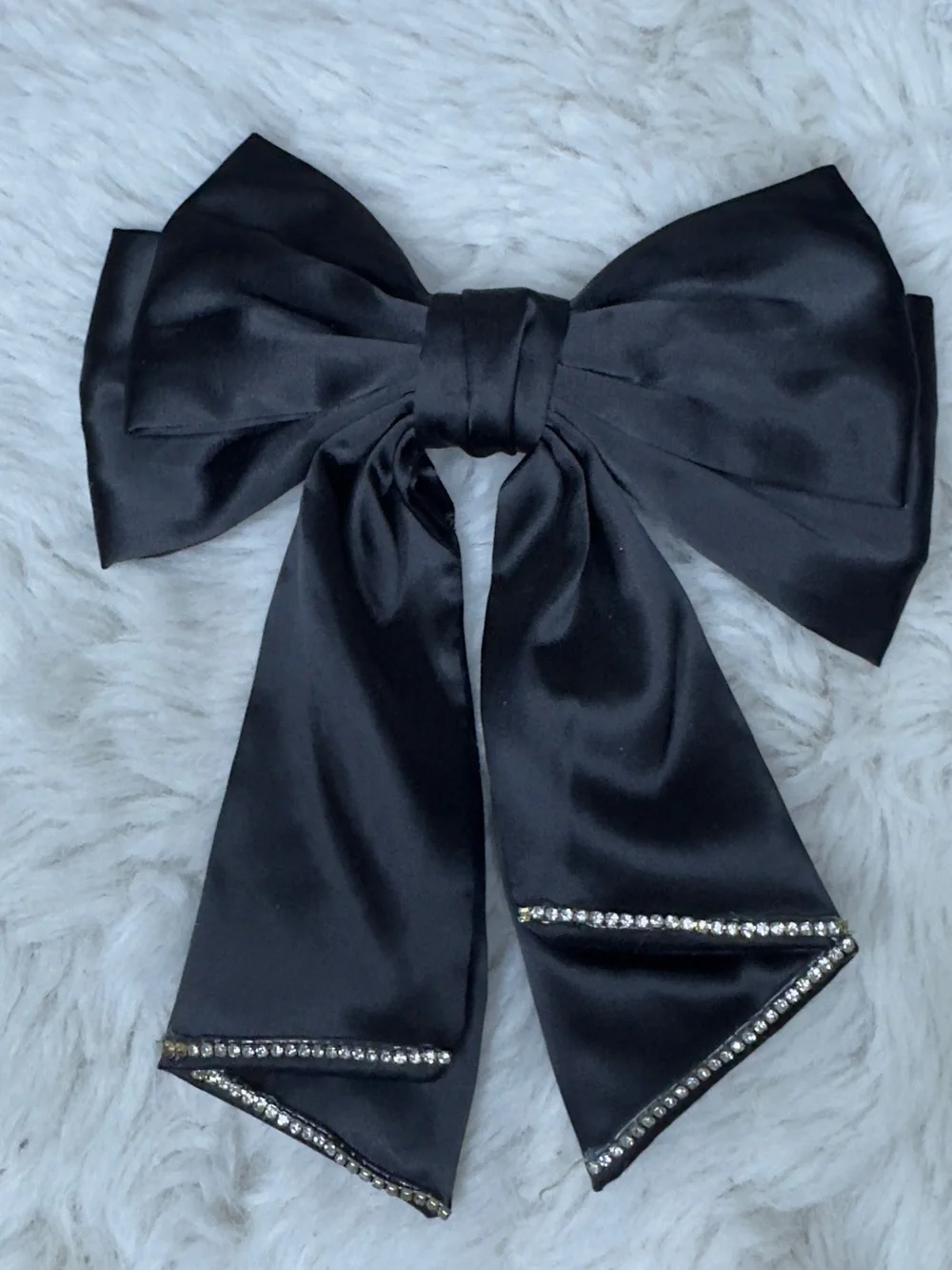 Black Crystal-Trim Satin Hair Bow